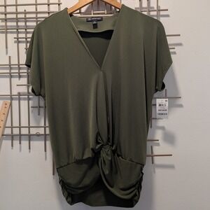 INC Green Twist Front V Neck Dolman Short Sleeve Blouson Top Women's M Neutral